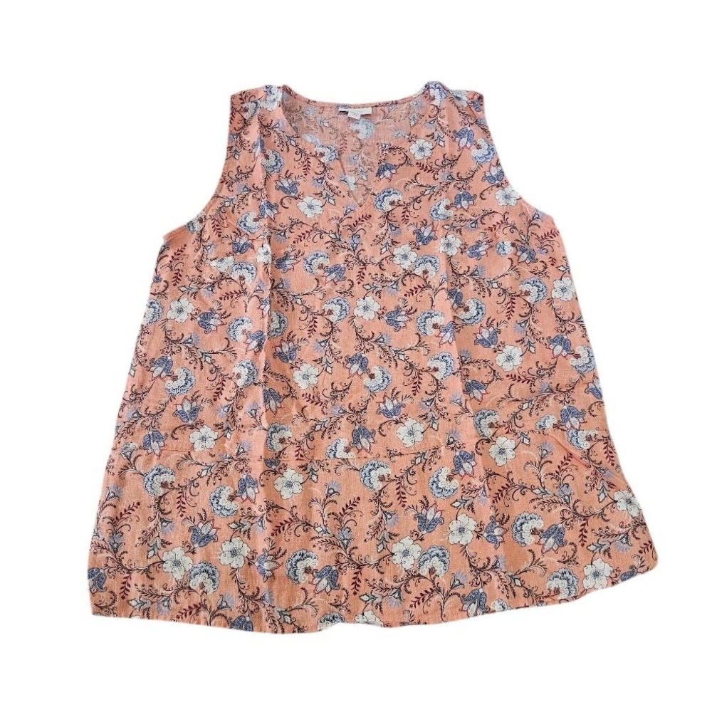 J. Jill Love Linen Floral Sleeveless Tank Top Women Medium Petite Coral Blue